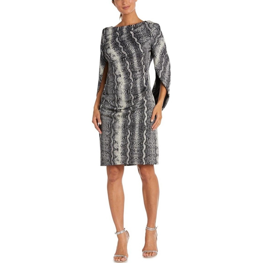 NWT R&M Richards Women's Cocktail Dress W/Snake Print & Drape Sleeves - Size 14P